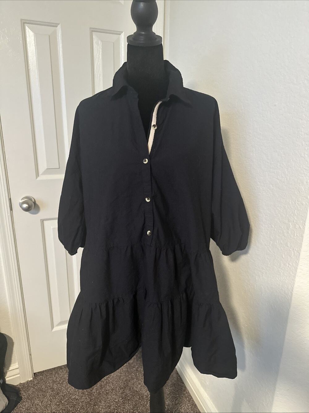 Free People Misha Tunic Shirt Dress Black Tiered Ruffle Balloon Sleeve XS